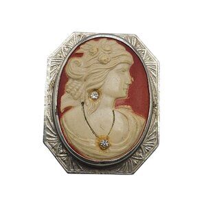 Victorian Cameo Pin C Clasp Rhinestone Accents Oval Portrait Silver Tone Frame